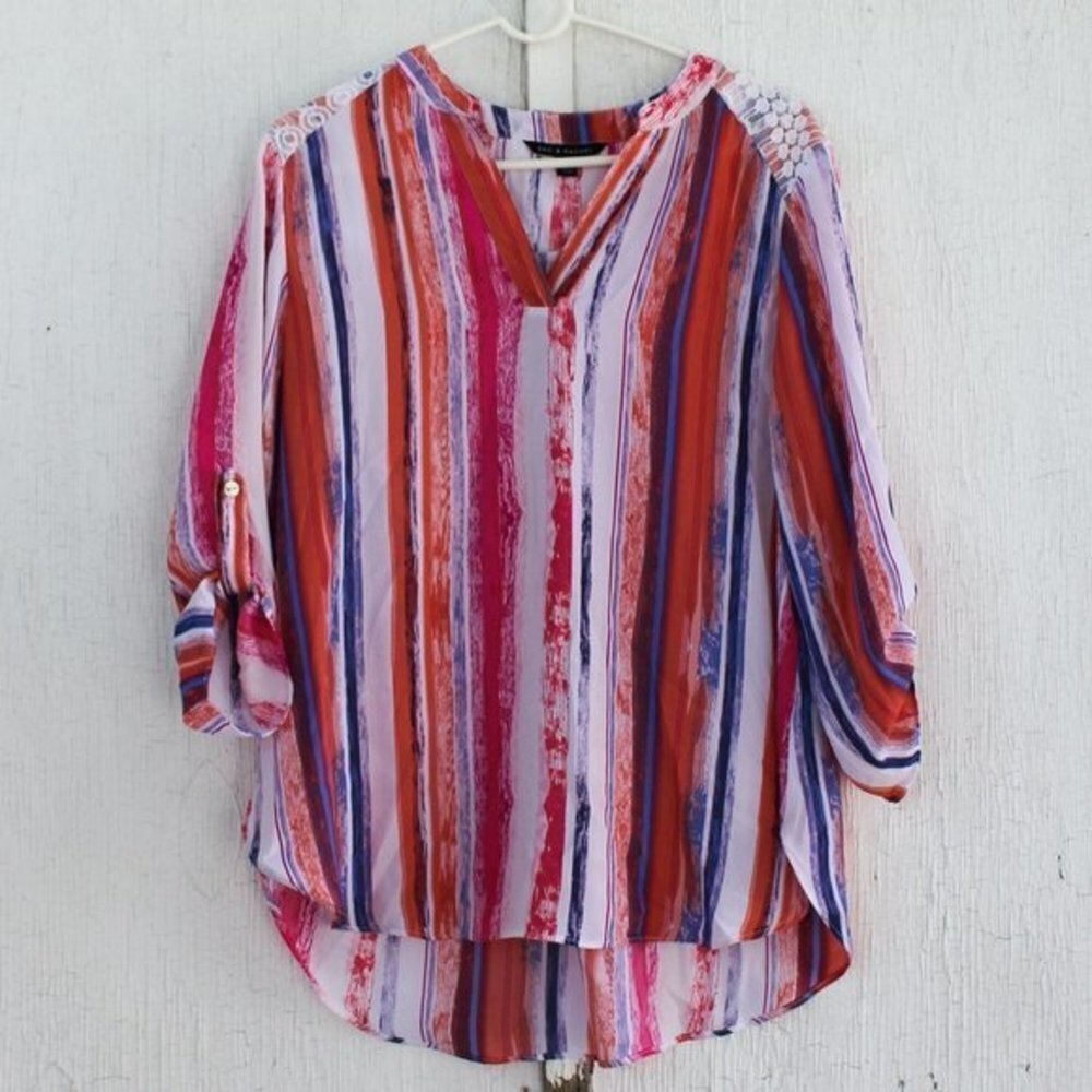 Zac & Rachel Striped Flowy Blouse Lace‎ Back Large Lightweight